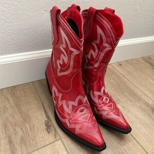 Red Western-Style Pointed Toe Ankle Booties